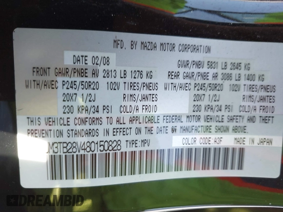 2008 Mazda CX-9 Sport with VIN JM3TB28V480150828, listed as a IAAI auction lot 41253012 with 210,317 mi miles and . Bid and sale history available at DreamBid. Image 9.
