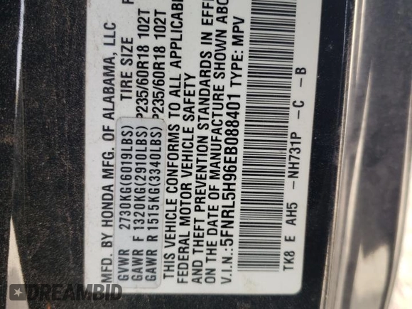 2014 Honda Odyssey Touring with VIN 5FNRL5H96EB088401, listed as a Copart auction lot 51332365 with 167,710 mi miles and Salvage Title. Bid and sale history available at carsss.com. Image 15.