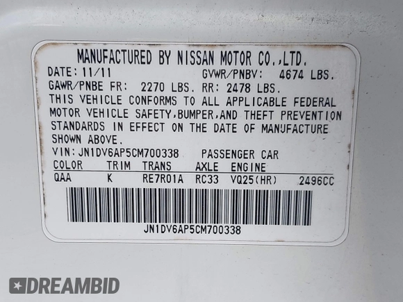 2012 Infiniti G25 Journey with VIN JN1DV6AP5CM700338, listed as a IAAI auction lot 42157660 with 139,888 mi miles. Bid and sale history available at carsss.com. Image 9.