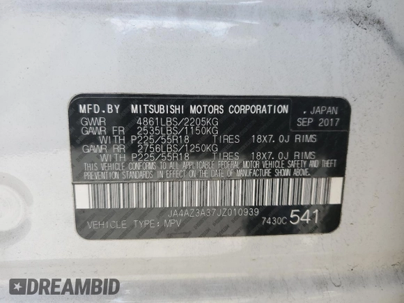 2018 Mitsubishi Outlander ES with VIN JA4AZ3A37JZ010939, listed as a Copart auction lot 57163395 with 67,787 mi miles and Salvage title. Bid and sale history available at DreamBid. Image 13.