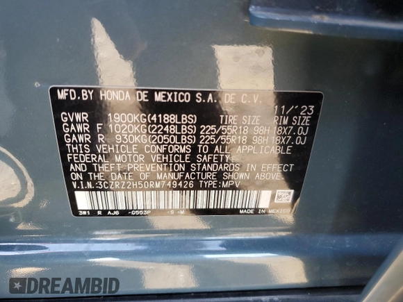 2024 Honda HR-V Sport with VIN 3CZRZ2H50RM749426, listed as a Copart auction lot 61462695 with 17,334 mi miles and Salvage title. Bid and sale history available at DreamBid. Image 13.