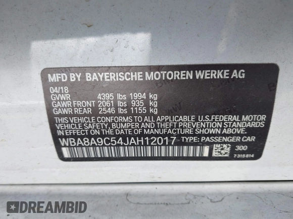 2018 BMW 3 Series 320i with VIN WBA8A9C54JAH12017, listed as a IAAI auction lot 41921292 with 49,267 mi miles. Bid and sale history available at carsss.com. Image 9.