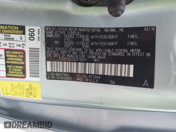 2016 Toyota Sienna L with VIN 5TDZK3DC5GS710011, listed as a IAAI auction lot 42358731 with 119,104 mi miles and . Bid and sale history available at DreamBid. Image 9.