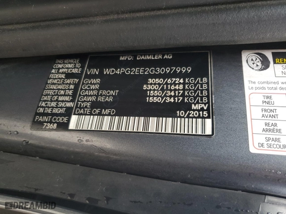 2016 Mercedes-Benz Metris Passenger Van with VIN WD4PG2EE2G3097999, listed as a Copart auction lot 83611814 with 116,039 mi miles and Salvage Title. Bid and sale history available at carsss.com. Image 14.