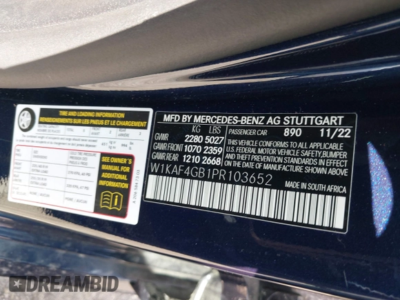2023 Mercedes-Benz C 300 with VIN W1KAF4GB1PR103652, listed as a IAAI auction lot 42016608 with 11,935 mi miles and . Bid and sale history available at DreamBid. Image 9.