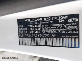 2019 Mercedes-Benz CLA with VIN WDDSJ4EB2KN729555, listed as a IAAI auction lot 41730007 with 50,914 mi miles. Bid and sale history available at carsss.com. Image 9.