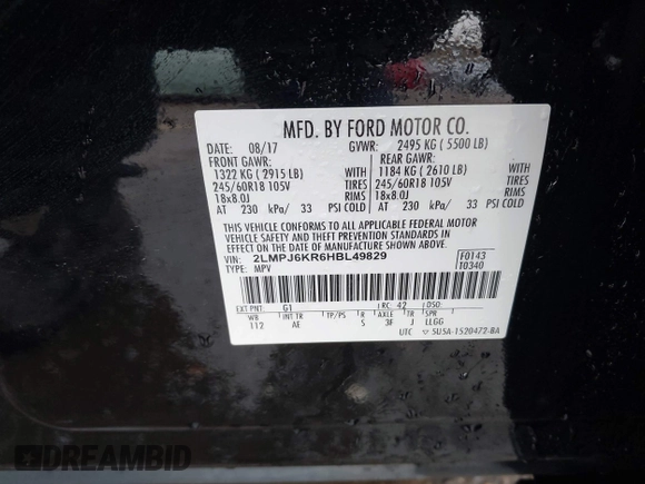 2017 Lincoln MKX Select с VIN 2LMPJ6KR6HBL49829, выставлен на аукционе IAAI как лот 42093216 с пробегом 97 274 миль миль и . История ставок и продаж доступна на DreamBid. Изображение 9.