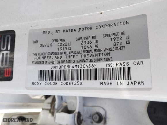 2021 Mazda Mazda3 Hatchback Premium with VIN JM1BPBML4M1304565, listed as a IAAI auction lot 41787436 with 49,283 mi miles. Bid and sale history available at carsss.com. Image 9.