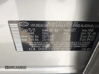 2022 Hyundai Santa Fe SE with VIN 5NMS14AJ7NH393037, listed as a IAAI auction lot 42276818 with 77,656 mi miles and . Bid and sale history available at DreamBid. Image 9.