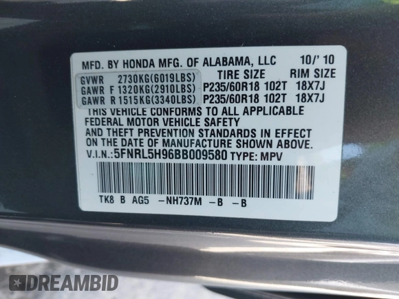 2011 Honda Odyssey Touring with VIN 5FNRL5H96BB009580, listed as a IAAI auction lot 42202595 with Not provided miles and . Bid and sale history available at DreamBid. Image 9.