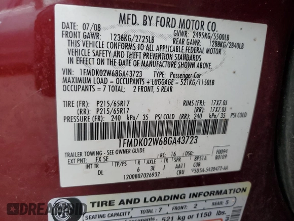 2008 Ford Taurus X SEL z VIN 1FMDK02W68GA43723, wystawiony jako Copart lot #56650305 z przebiegiem 279 439 mil mil oraz Czysty tytuł • Clean title. Historia ofert i sprzedaży dostępna na DreamBid. Obrazek 13.