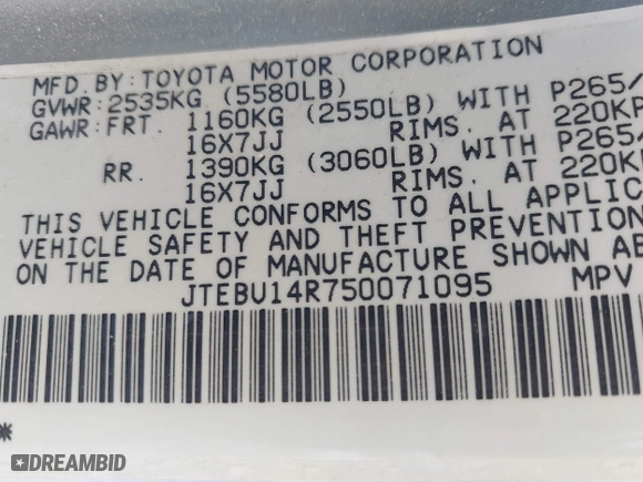 2005 Toyota 4Runner SR5 with VIN JTEBU14R750071095, listed as a IAAI auction lot 41803407 with 266,032 mi miles. Bid and sale history available at carsss.com. Image 9.