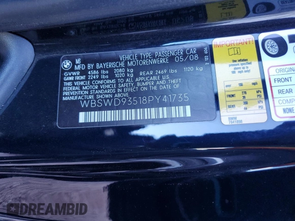2008 BMW 3 Series M3 z VIN WBSWD93518PY41735, wystawiony jako Copart lot #42456645 z przebiegiem 36 437 mil mil oraz Szkoda całkowita • Salvage title. Historia ofert i sprzedaży dostępna na DreamBid. Obrazek 12.