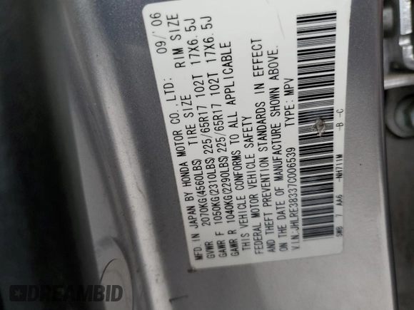 2007 Honda CR-V LX with VIN JHLRE38337C006539, listed as a Copart auction lot 47698005 with 143,858 mi miles and Salvage Title. Bid and sale history available at carsss.com. Image 14.