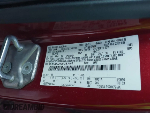 2015 Ford Escape Titanium with VIN 1FMCU9J99FUB34831, listed as a IAAI auction lot 41278305 with 59,658 mi miles and . Bid and sale history available at DreamBid. Image 9.