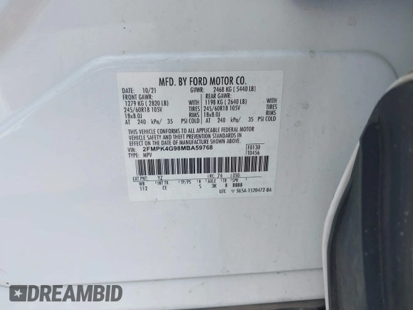 2021 Ford Edge SE with VIN 2FMPK4G98MBA59768, listed as a IAAI auction lot 42166156 with 72,097 mi miles and . Bid and sale history available at DreamBid. Image 9.