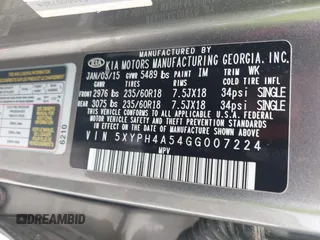 2016 Kia Sorento EX with VIN 5XYPH4A54GG007224, listed as a IAAI auction lot 42181058 with 131,169 mi miles and . Bid and sale history available at carsss.com. Image 9.