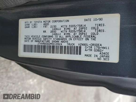 1991 Toyota Pickup с VIN JT4VN93D2M5018924, выставлен на аукционе Copart как лот 48546735 с пробегом 122 273 миль миль и Чистый • Clean title. История ставок и продаж доступна на DreamBid. Изображение 12.