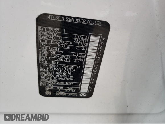 2022 Infiniti QX50 Pure with VIN 3PCAJ5AB8NF118191, listed as a Copart auction lot 48033383 with 18,277 mi miles and . Bid and sale history available at DreamBid. Image 15.