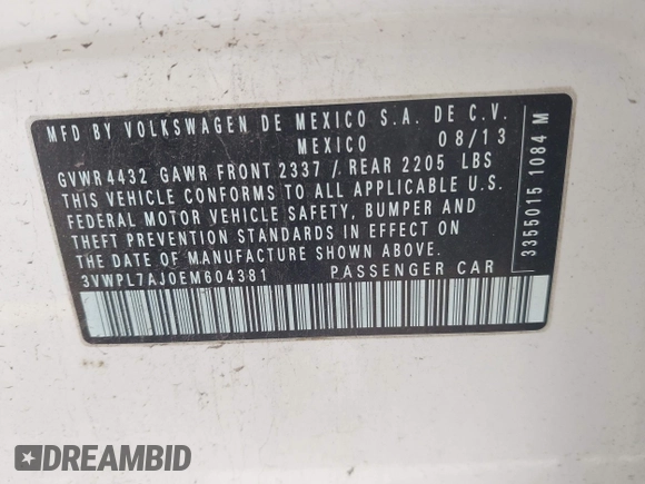 2014 Volkswagen Jetta TDI w/Sunroof с VIN 3VWPL7AJ0EM604381, выставлен на аукционе IAAI как лот 42362066 с пробегом 159 274 миль миль и . История ставок и продаж доступна на DreamBid. Изображение 9.