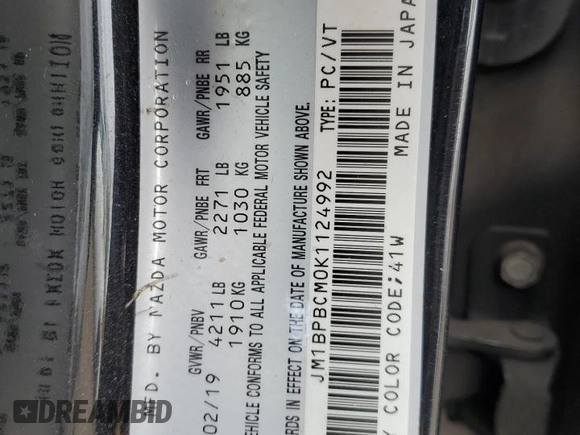 2019 Mazda 3 S Carbon Edition with VIN JM1BPBCM0K1124992, listed as a Copart auction lot 54590625 with 176,932 mi miles and Salvage title. Bid and sale history available at DreamBid. Image 12.