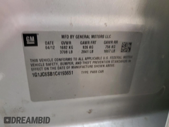 2012 Chevrolet Sonic LT with VIN 1G1JC6SB1C4193651, listed as a Copart auction lot 76319664 with 181,348 mi miles and Salvage Title. Bid and sale history available at carsss.com. Image 12.