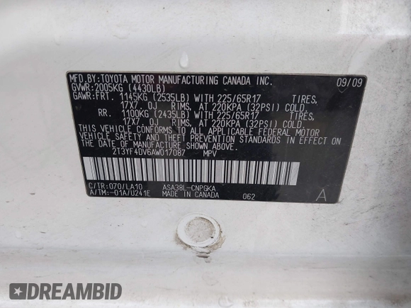 2010 Toyota RAV4 Limited z VIN 2T3YF4DV6AW017087, wystawiony jako IAAI lot #41546168 z przebiegiem 249 218 mil mil oraz . Historia ofert i sprzedaży dostępna na DreamBid. Obrazek 9.