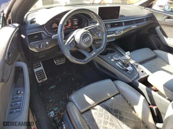 2018 Audi S5 Cabriolet Prestige with VIN WAU24GF55JN003230, listed as a Copart auction lot 76085474 with 58,620 mi miles and Salvage Title. Bid and sale history available at carsss.com. Image 8.
