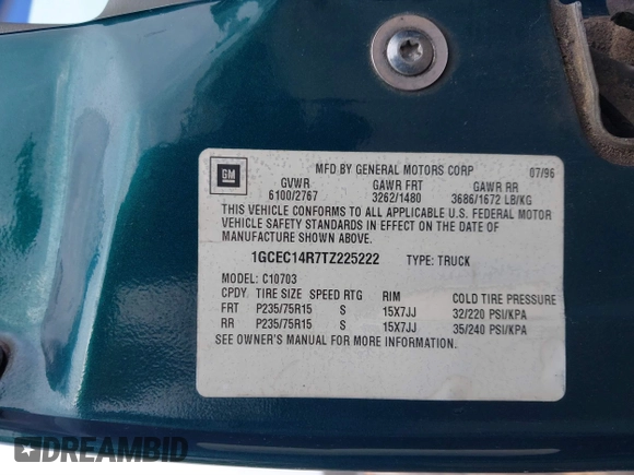 1996 Chevrolet Silverado 1500 with VIN 1GCEC14R7TZ225222, listed as a IAAI auction lot 41545457 with 205,561 mi miles and . Bid and sale history available at DreamBid. Image 9.