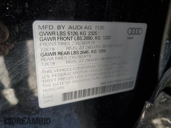 2021 Audi Q3 S line Premium with VIN WA1DECF30M1056407, listed as a Copart auction lot 63602502 with 23,780 mi miles. Bid and sale history available at carsss.com. Image 10.