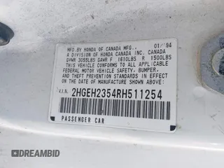 1994 Honda Civic CX with VIN 2HGEH2354RH511254, listed as a IAAI auction lot 41996199 with 155,547 mi miles and . Bid and sale history available at DreamBid. Image 9.
