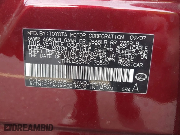 2008 Lexus ES 330 с VIN JTHBJ46G982170860, выставлен на аукционе IAAI как лот 42239343 с пробегом 153 070 миль миль и . История ставок и продаж доступна на DreamBid. Изображение 9.