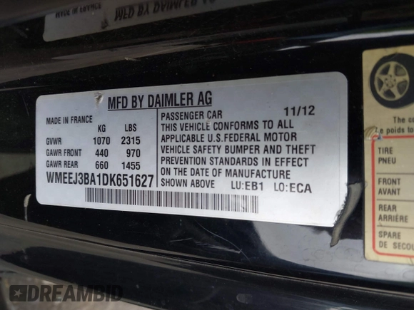 2013 Smart fortwo Pure with VIN WMEEJ3BA1DK651627, listed as a IAAI auction lot 42733791 with 130,561 mi miles and . Bid and sale history available at DreamBid. Image 9.