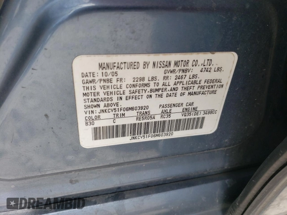 2006 Infiniti G35 with VIN JNKCV51F06M603920, listed as a Copart auction lot 74150574 with 210,890 mi miles and Salvage Title. Bid and sale history available at DreamBid. Image 12.