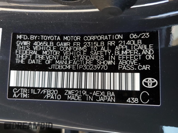 2023 Toyota Corolla Hybrid LE with VIN JTDBCMFE1P3023970, listed as a Copart auction lot 47251885 with 18,484 mi miles and Salvage Title. Bid and sale history available at carsss.com. Image 12.