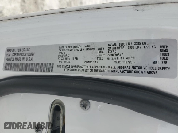 2020 Ram 1500 Tradesman with VIN 1C6RR6FG3LS160894, listed as a Copart auction lot 55386485 with 111,567 mi miles and Clean title. Bid and sale history available at DreamBid. Image 12.