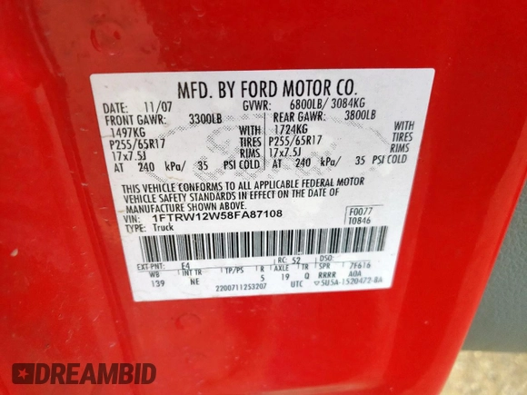 2008 Ford F-150 XL with VIN 1FTRW12W58FA87108, listed as a Copart auction lot 63052835 with 191,524 mi miles and Clean title. Bid and sale history available at DreamBid. Image 12.