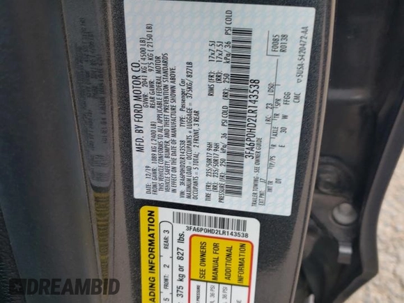 2020 Ford Fusion SE z VIN 3FA6P0HD2LR143538, wystawiony jako Copart lot #56977285 z przebiegiem 96 201 mil mil oraz Czysty tytuł • Clean title. Historia ofert i sprzedaży dostępna na DreamBid. Obrazek 12.