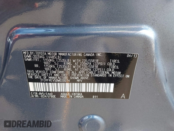 2013 Toyota RAV4 Limited with VIN 2T3YFREV5DW020014, listed as a IAAI auction lot 42747067 with 159,098 mi miles and . Bid and sale history available at DreamBid. Image 9.