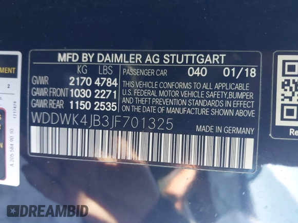 2018 Mercedes-Benz C 300 with VIN WDDWK4JB3JF701325, listed as a IAAI auction lot 41607243 with 76,967 mi miles and . Bid and sale history available at DreamBid. Image 9.