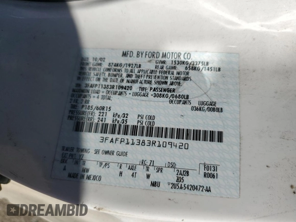 2003 Ford ZX2 ZX2 Standard z VIN 3FAFP11383R109420, wystawiony jako Copart lot #88790715 z przebiegiem 141 902 mil mil oraz Szkody całkowita. Historia ofert i sprzedaży dostępna na DreamBid. Obrazek 12.