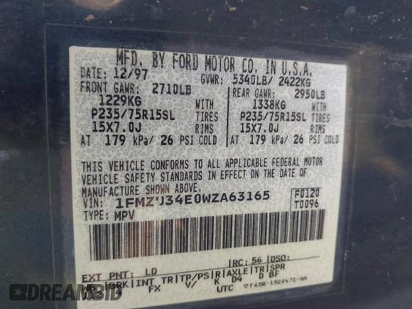 1998 Ford Explorer XL с VIN 1FMZU34E0WZA63165, выставлен на аукционе IAAI как лот 42062724 с пробегом 140 575 миль миль и . История ставок и продаж доступна на DreamBid. Изображение 9.