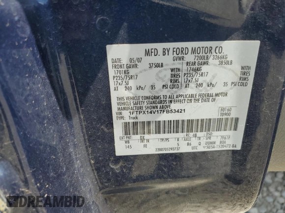 2007 Ford F-150 XLT with VIN 1FTPX14V17FB53421, listed as a Copart auction lot 64643425 with 188,196 mi miles and Clean title. Bid and sale history available at DreamBid. Image 12.