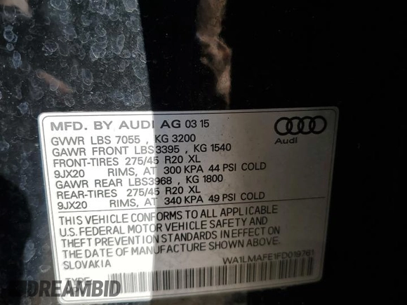 2015 Audi Q7 Premium Plus with VIN WA1LMAFE1FD019761, listed as a Copart auction lot 46845735 with 126,616 mi miles and Salvage title. Bid and sale history available at DreamBid. Image 15.