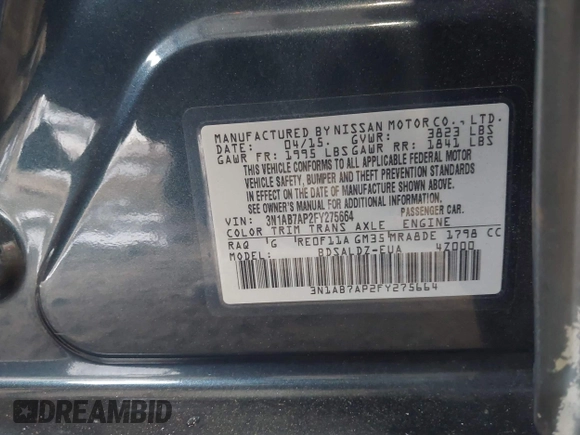 2015 Nissan Sentra SR with VIN 3N1AB7AP2FY275664, listed as a IAAI auction lot 42084827 with 217,934 mi miles and . Bid and sale history available at DreamBid. Image 9.