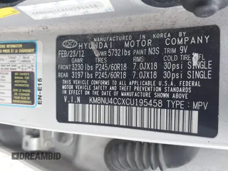 2012 Hyundai Veracruz Limited with VIN KM8NU4CCXCU195458, listed as a IAAI auction lot 41378578 with 224,646 mi miles and . Bid and sale history available at DreamBid. Image 9.