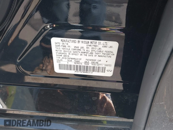 2019 Infiniti Q50 Sport with VIN JN1EV7AP8KM543137, listed as a IAAI auction lot 42602595 with 37,523 mi miles and . Bid and sale history available at DreamBid. Image 9.