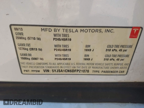 2013 Tesla Model S z VIN 5YJSA1CN6DFP21076, wystawiony jako IAAI lot #41984834 z przebiegiem 154 662 mil mil oraz . Historia ofert i sprzedaży dostępna na DreamBid. Obrazek 9.