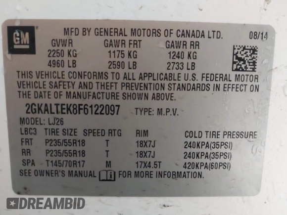 2015 GMC Terrain SLT with VIN 2GKALTEK8F6122097, listed as a IAAI auction lot 41362207 with 144,246 mi miles and . Bid and sale history available at DreamBid. Image 9.