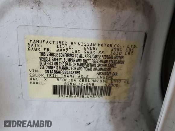 2011 Nissan Sentra S with VIN 3N1AB6AP3BL648759, listed as a Copart auction lot 85373934 with 351,117 mi miles and Clean Title. Bid and sale history available at DreamBid. Image 12.